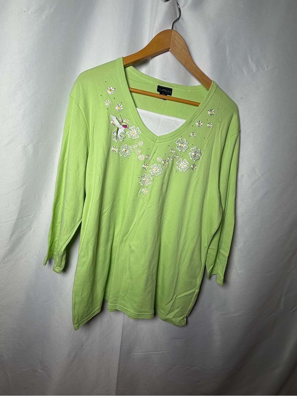 Karen Scott Lime Green Embroidered V-Neck Women’s Top